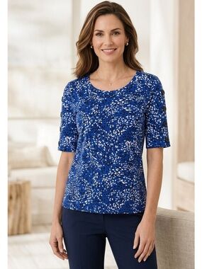 NWT Chico’s Elbow Length Button Detail Sleeve Cotton Tee Size M Modern Classic